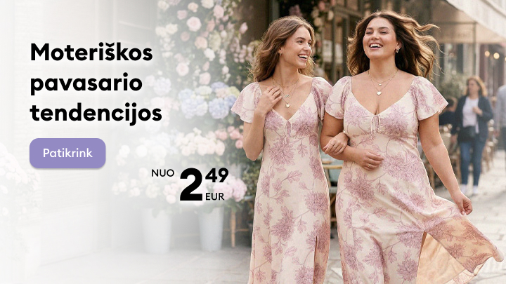 Reklama, pristatanti moteriškas pavasario mados tendencijas ir kviečianti peržiūrėti naują kolekciją su patrauklia kainos pasiūla.