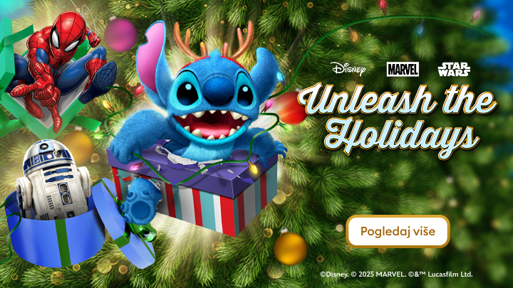 Disney predstavlja blagdansku zabavu uz likove iz Marvela, Star Warsa i animiranih klasika! Stitch, Spider-Man i R2-D2 donose radost u blagdane uz razigrane poklone i svjetlucava drvca. Kliknite na „Pogledaj više” za otkrivanje čarolije praznika.