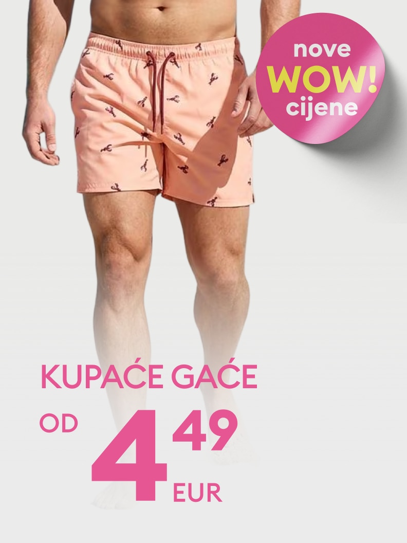 Promocija muških kupaćih gaća s povoljnim cijenama, naglašava novu akciju i početnu cijenu od 4,49 EUR.