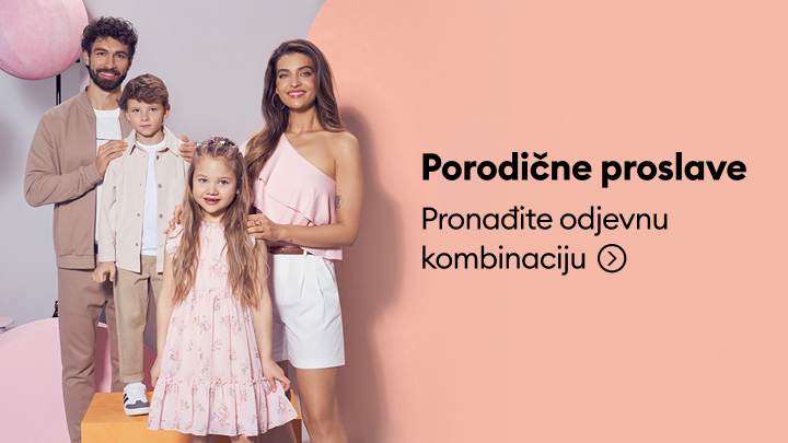 Promocija odjevnih kombinacija za porodične proslave, s porodicom koja predstavlja usklađene stilove za roditelje i djecu.
