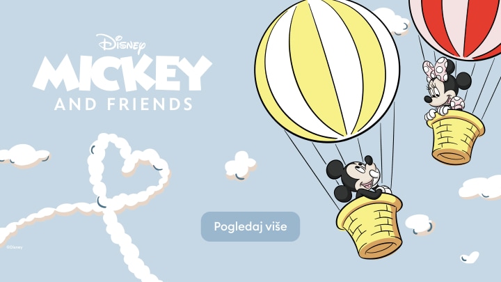 Disney Mickey and Friends motiv s Mickeyjem i Minnie u balonima na vrući zrak, promovira razigranu dječiju kolekciju i poziva na pregled ponude