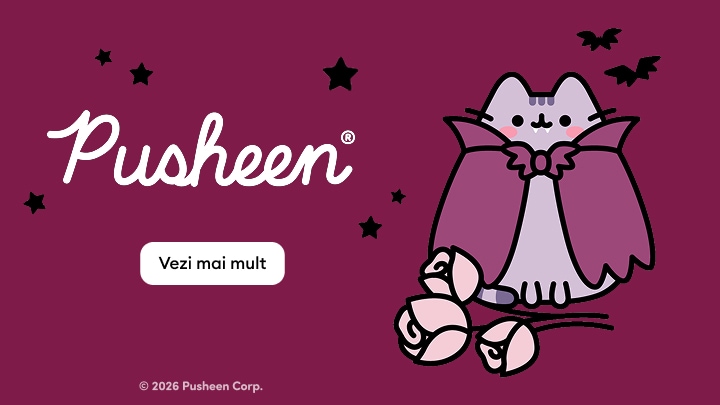 Promovare a colecției Pusheen cu personajul costumat tematic de Halloween și invitație de a descoperi mai multe produse