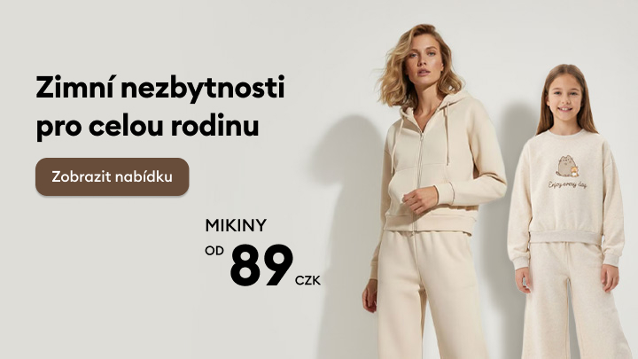 Zimní nezbytnosti pro celou rodinu. Nabídka mikin za ceny od 89 Kč. Tlačítko „Zobrazit nabídku“ přesměruje k další nabídce oděvů.