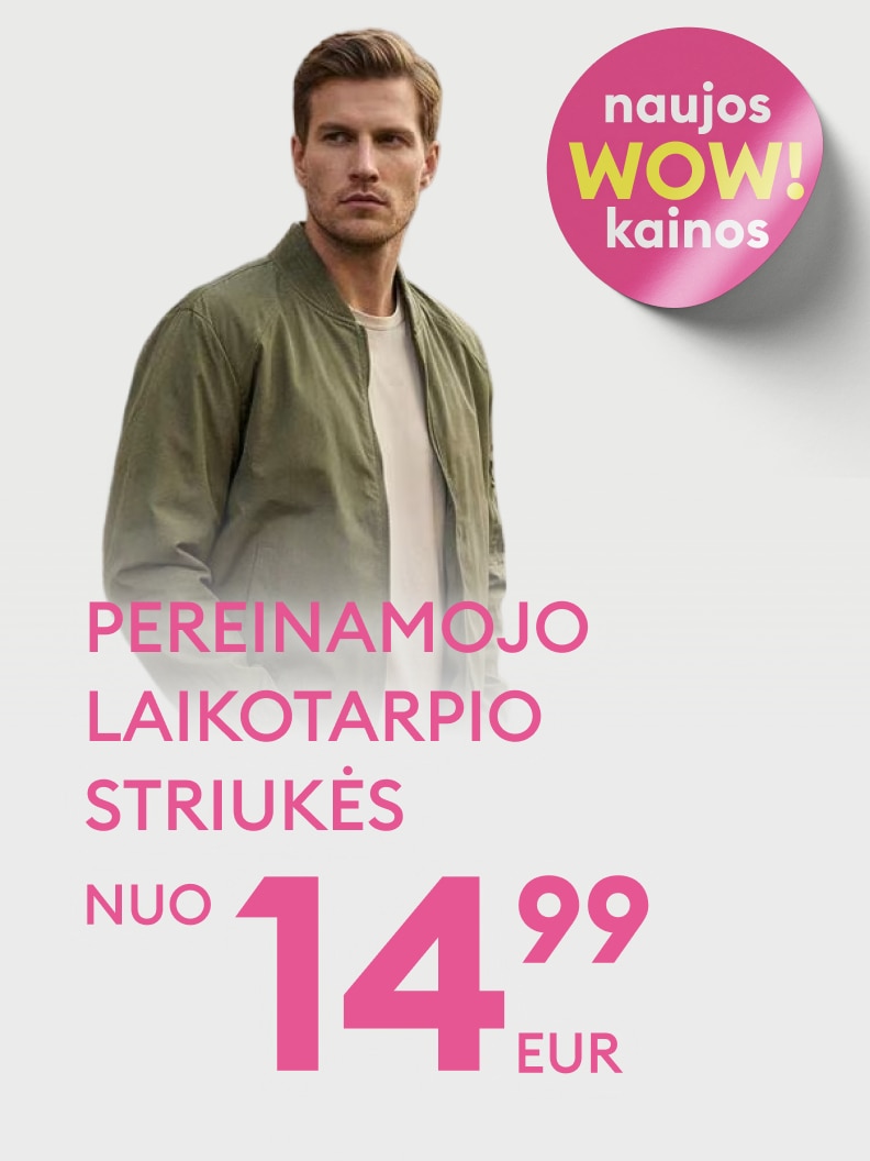 Reklaminė žinutė apie vyriškas pereinamojo laikotarpio striukes su akcijinėmis kainomis ir nauju kainų pasiūlymu.