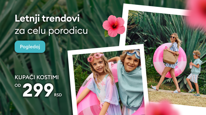 Promotivni baner koji poziva na kupovinu letnje odeće i kupaćih kostima za celu porodicu, sa istaknutom povoljnom početnom cenom.