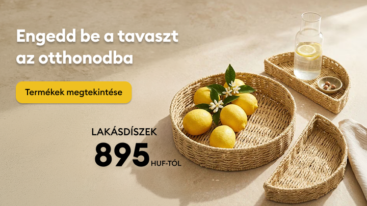 Tavaszi hangulatú lakásdíszek kínálatának bemutatása, inspiráció az otthon frissítéséhez és a termékek megtekintésére ösztönzés, kedvező kezdőárral.