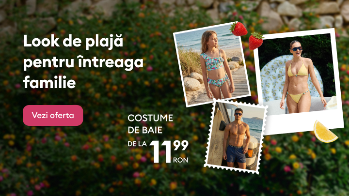 Promovare ofertă de costume de baie pentru întreaga familie, potrivite pentru plajă, cu prețuri accesibile începând de la 11,99 RON și invitație de a explora oferta.