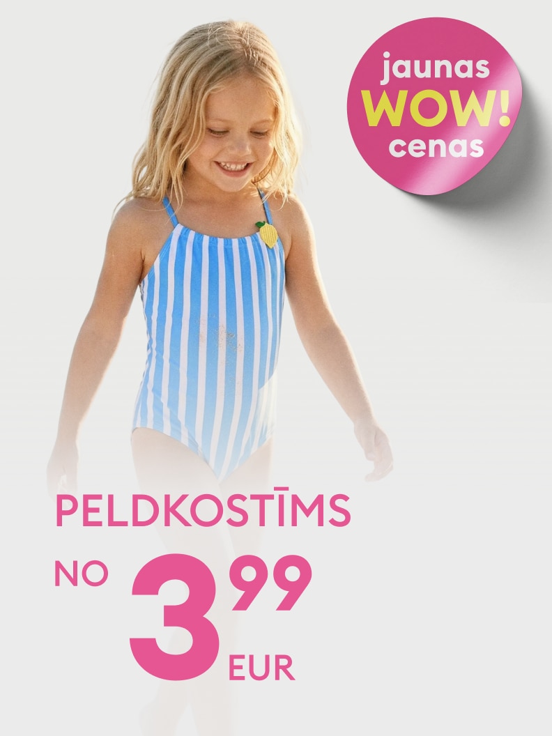 Bērnu peldkostīmu reklāmas piedāvājums, uzsverot jaunas sezonas preces un īpaši izdevīgu cenu pirkumam.