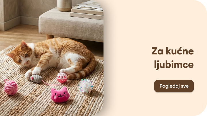 Promotivni sadržaj koji predstavlja ponudu dodataka i igračaka za kućne ljubimce, s naglaskom na proizvode za mačke, kako bi potaknuo pregled i kupnju.