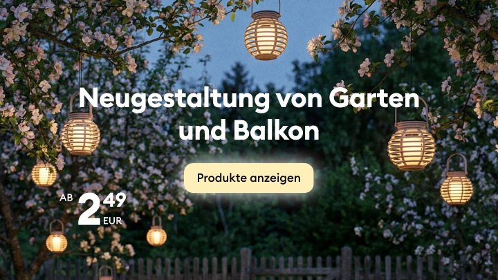 Werbebanner zur Inspiration und Bewerbung von Produkten für die Neugestaltung von Garten und Balkon, mit Fokus auf stimmungsvolle Außenbeleuchtung und attraktivem Einstiegspreis ab 2,49 EUR.