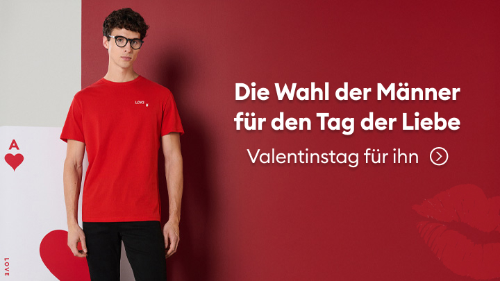 "Die Werbung zeigt einen roten Valentinstag-Hintergrund mit einem Hinweis auf Geschenkideen für Männer. Der Text hebt die Auswahl zum Tag der Liebe hervor: 'Valentinstag für ihn'. Ein Herzsymbol und ein Kussmotiv sind ebenfalls sichtbar."