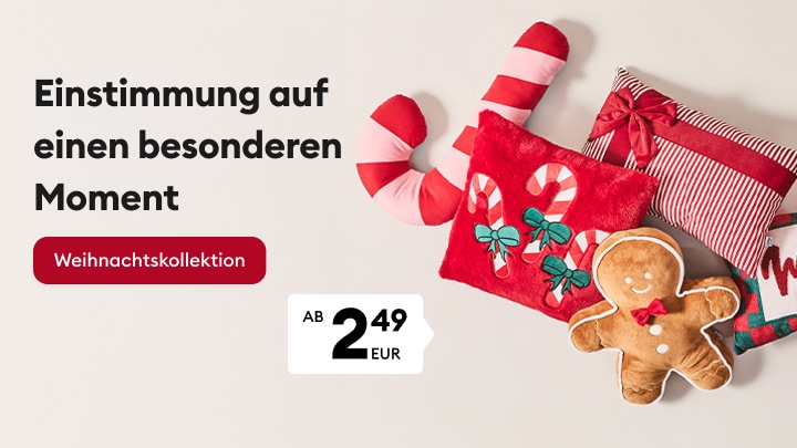 Werbegrafik für eine Weihnachtskollektion mit festlichen Wohnaccessoires und Geschenkideen ab 2,49 EUR