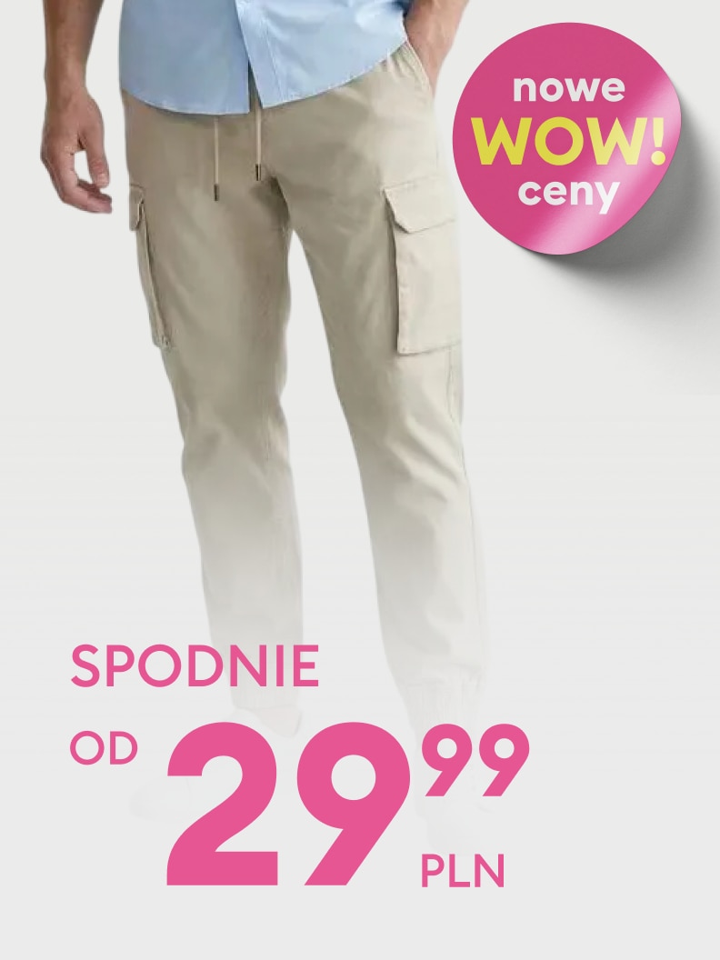Promocja na spodnie męskie z kieszeniami bocznymi, dostępne w cenie od 29,99 zł. Oferta w ramach nowej akcji promocyjnej "WOW ceny".
