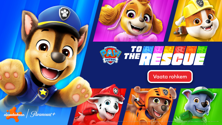 Pildi kirjeldus: Paw Patroli koomiksikangelased tegutsevad koos missioonil. Kesksel kohal on tekst "To the Rescue" ning all on nähtavad erinevad tegelased, nagu Chase, Marshall, Rubble, ja Rocky. Punane nupp tekstiga "Vaata rohkem" kutsub lisateabele.
