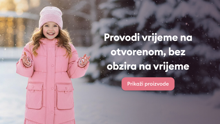 Provedite vrijeme na otvorenom bez obzira na vremenske uvjete. Reklama prikazuje dječju zimsku odjeću za hladne dane. Poziva na pregled proizvoda uz isticanje praktičnosti i udobnosti.