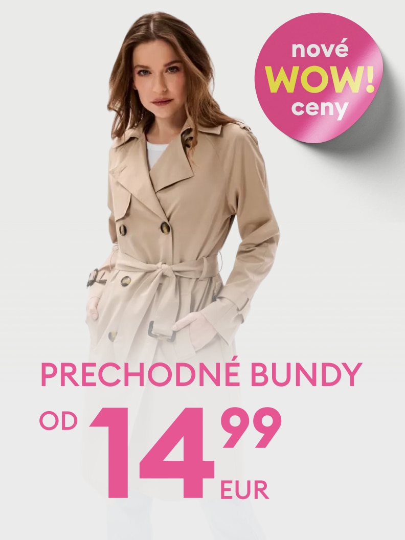 Propagačný banner informujúci o akcii na prechodné bundy s novými zníženými cenami, dostupné od 14,99 eura.