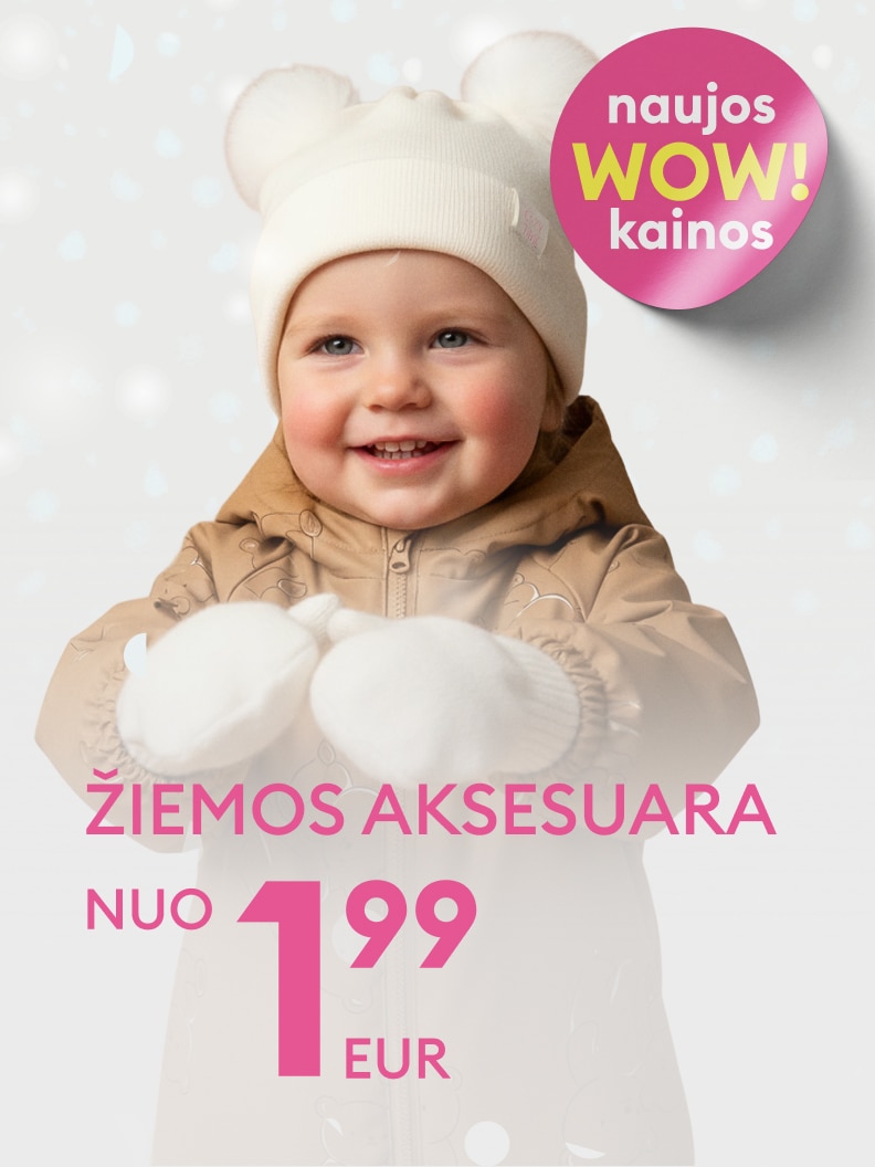 Žiemos aksesuarų reklama. Tekstas skelbia apie naujas žemas kainas. Prekės kainos prasideda nuo 1,99 EUR. Reklama orientuota į šaltojo sezono gaminius, tokius kaip kepurės, pirštinės ir kiti šilti aksesuarai.