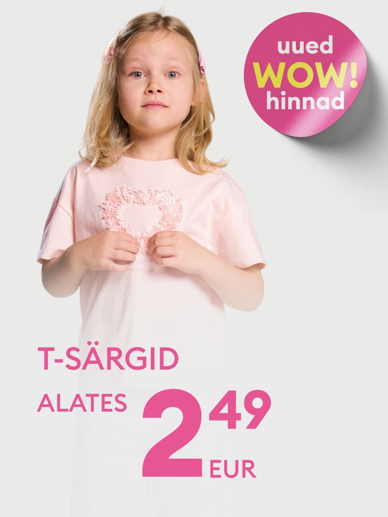 Reklaam teavitab laste T-särkide sooduspakkumisest uute hindadega, kus hinnad algavad 2,49 eurost.