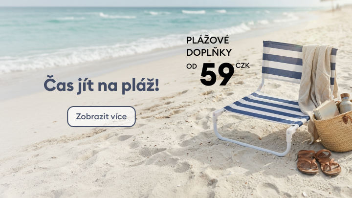 Propagační sdělení vybízející k nákupu plážových doplňků s cenou od 59 Kč a navozující letní pobyt u moře.