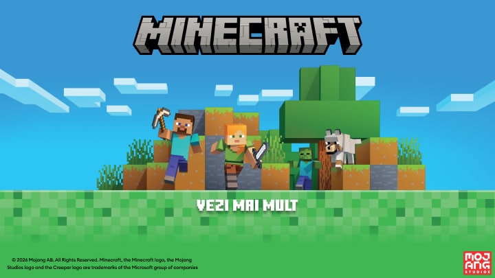 Promovare Minecraft cu personaje explorând și construind într-o lume virtuală de aventură și supraviețuire pentru copii și fani ai jocurilor creative