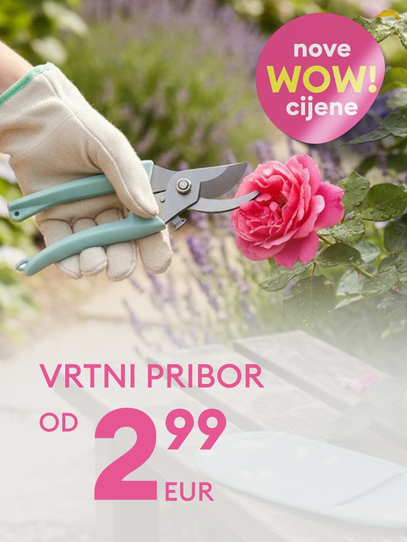 Promotivna poruka o sniženim cijenama vrtnog pribora, s naglaskom na novu ponudu dostupnu već od 2,99 eura.
