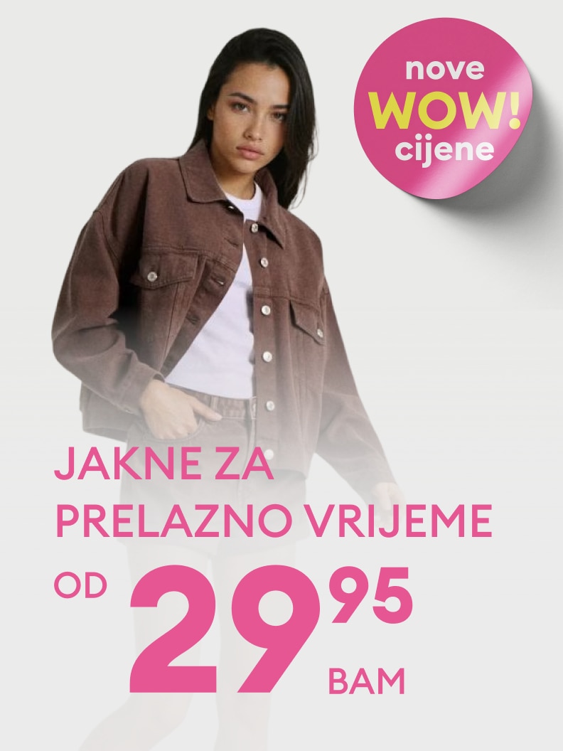 Promotivna ponuda jakni za prelazno vrijeme, sniženje s početnom cijenom od 29,95 BAM, namijenjena kupcima koji traže sezonsku odjeću.