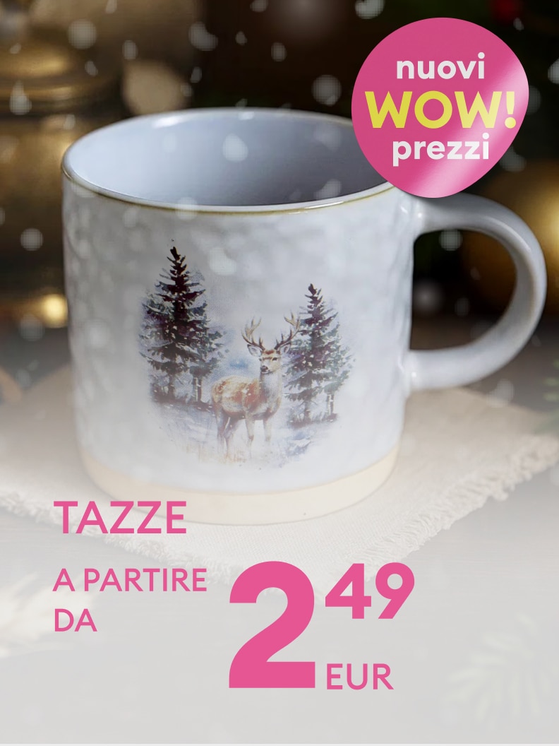Tazza decorata con un cervo in un paesaggio invernale innevato, disponibile a partire da 2,49 euro. Promozione con prezzi WOW! Scopri l'offerta e aggiungi un tocco unico alla tua collezione di stoviglie.