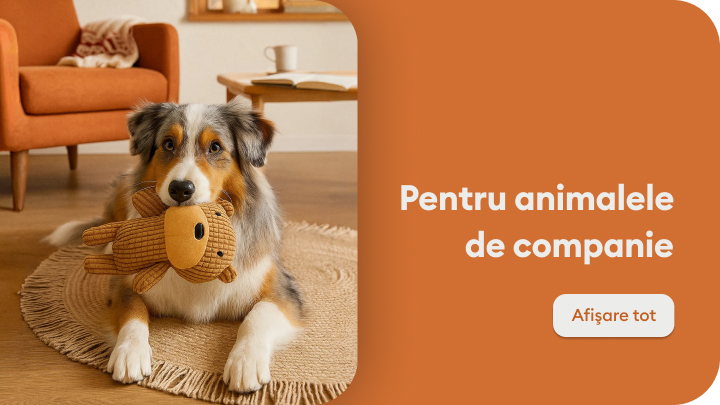 Câine drăguț stă pe un covor alături de o jucărie de pluș în formă de leu. Mesajul „Pentru animalele de companie” sugerează produse și accesorii dedicate pentru îngrijirea animalelor de companie. Butonul „Afișare tot” indică posibilitatea de a vedea mai multe detalii.