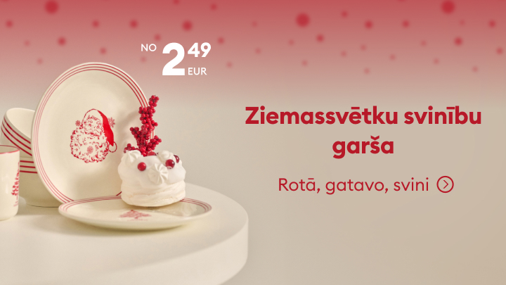 Ziemassvētku svinību garša. Dekoratīvi trauki ar svētku motīviem un saldo ēdienu uz šķīvja rada svētku noskaņu. Cena sākot no 2,49 EUR. Rotā, gatavo un svini Ziemassvētkus ar stilīgiem galda piederumiem. banner