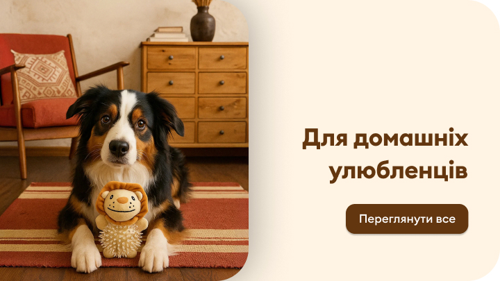 Собака сидить на килимі, тримаючи іграшку у формі лева. Зображення супроводжує текст 