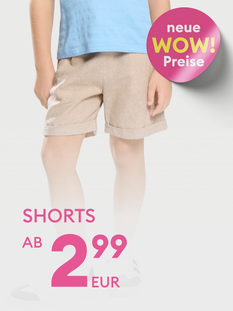 Werbebild zur Bewerbung von Shorts mit neuen, besonders günstigen Preisen.