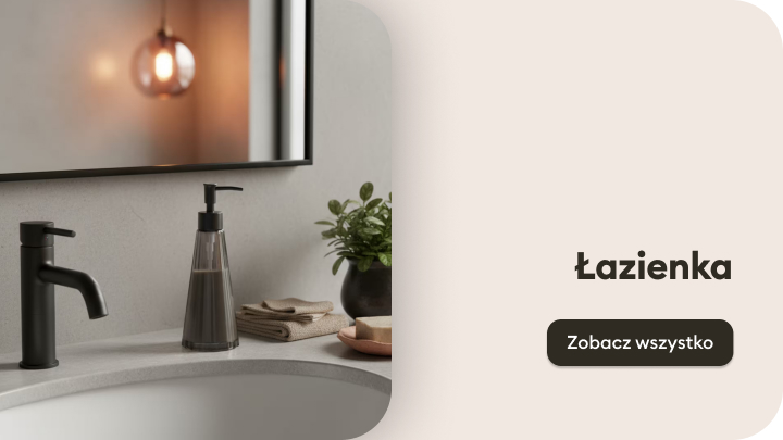 Nowoczesna łazienka z umywalką, czarną baterią i dozownikiem mydła. Obok ręczniki i roślina w doniczce. W tle lustro odbijające światło lampy. Po prawej stronie napis „Łazienka” oraz przycisk „Zobacz wszystko”.