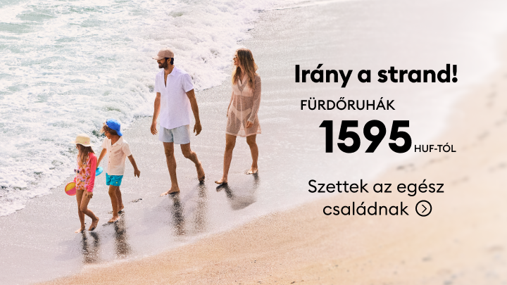 Családi fürdőruha‑kampány, strandoláshoz kínált szettek bemutatása az egész családnak, kedvező induló árral 1595 HUF‑tól.