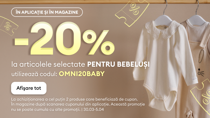 Anunț de promoție: reducere de 20% la articole selectate pentru bebeluși, valabilă în aplicație și în magazine, cu codul OMNI20BABY; se aplică la minimum două produse, în perioada 30.03–05.04.