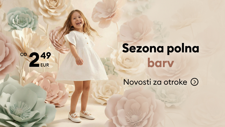 Promocijski oglas za novo sezonsko kolekcijo otroških oblačil, ki poudarja igriv slog in cenovno dostopne modne novosti za otroke.