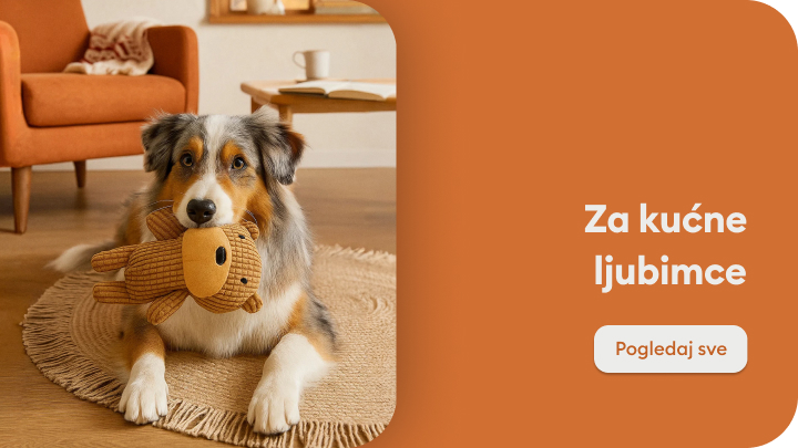 Pas sjedi na tepihu i drži igračku u obliku lava u svojim šapama. U pozadini se nalaze drveni ormarić i crvena stolica. Poruka na slici glasi: "Za kućne ljubimce", a ispod je dugme s tekstom "Pogledaj sve".