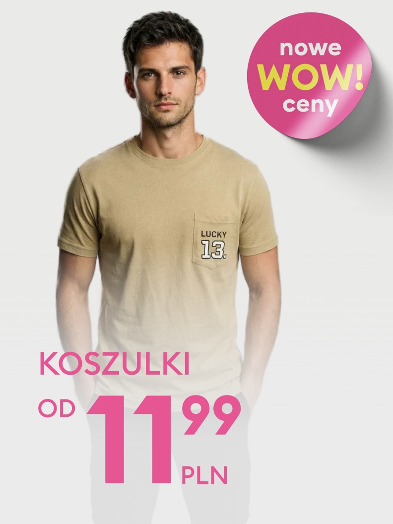 Reklama promująca koszulki męskie, prezentująca produkt na modelu oraz informująca o nowych, obniżonych cenach i ofercie promocyjnej.
