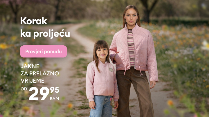 Promocija proljetnih jakni za prelazno vrijeme za odrasle i djecu, s ciljem poticanja korisnika da pregleda dostupnu ponudu.