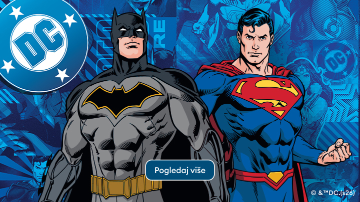 Dva popularna superheroja, Batman i Superman, stoje jedan pored drugog. Ikonični simbol DC Comics vidljiv je u pozadini. Dugme sa natpisom "Pogledaj više" upućuje na dodatne informacije o ovim junacima.