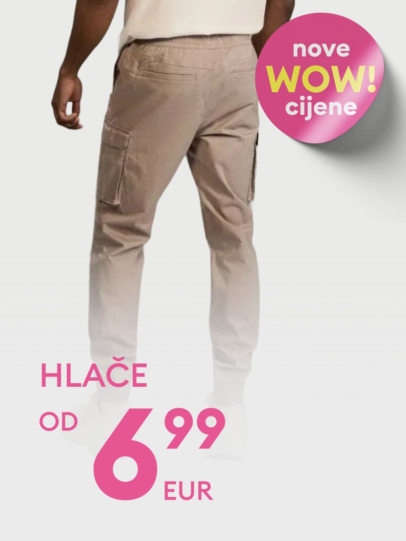 Promotivni oglas koji naglašava ponudu hlača po sniženoj početnoj cijeni i potiče kupnju kroz novu akciju.