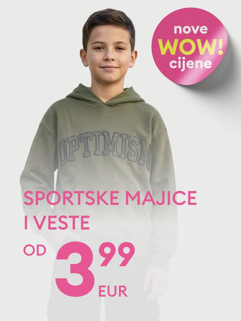 Promotivna ponuda dječjih sportskih majica i vesti, s naglaskom na povoljnu kupnju i nove akcijske cijene, uključujući vrlo nisku početnu cijenu od 3,99 EUR.