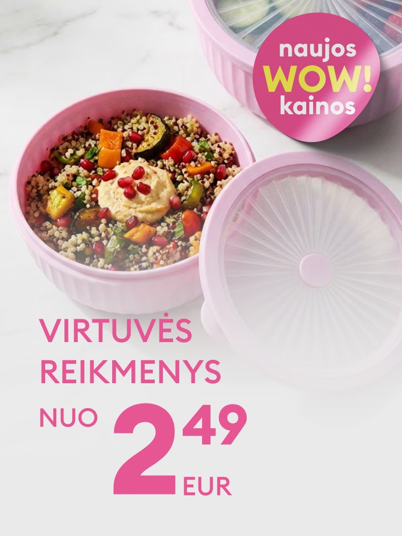 Akcija virtuvės reikmenims – naujos pasiūlymo kainos nuo 2,49 EUR, informuojanti apie nuolaidas ir skatinanti įsigyti maisto laikymo indus.