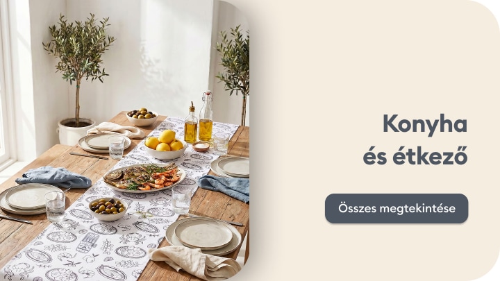 Konyhai és étkezői termékek kínálata terített asztallal és tálalási kiegészítőkkel bemutatva