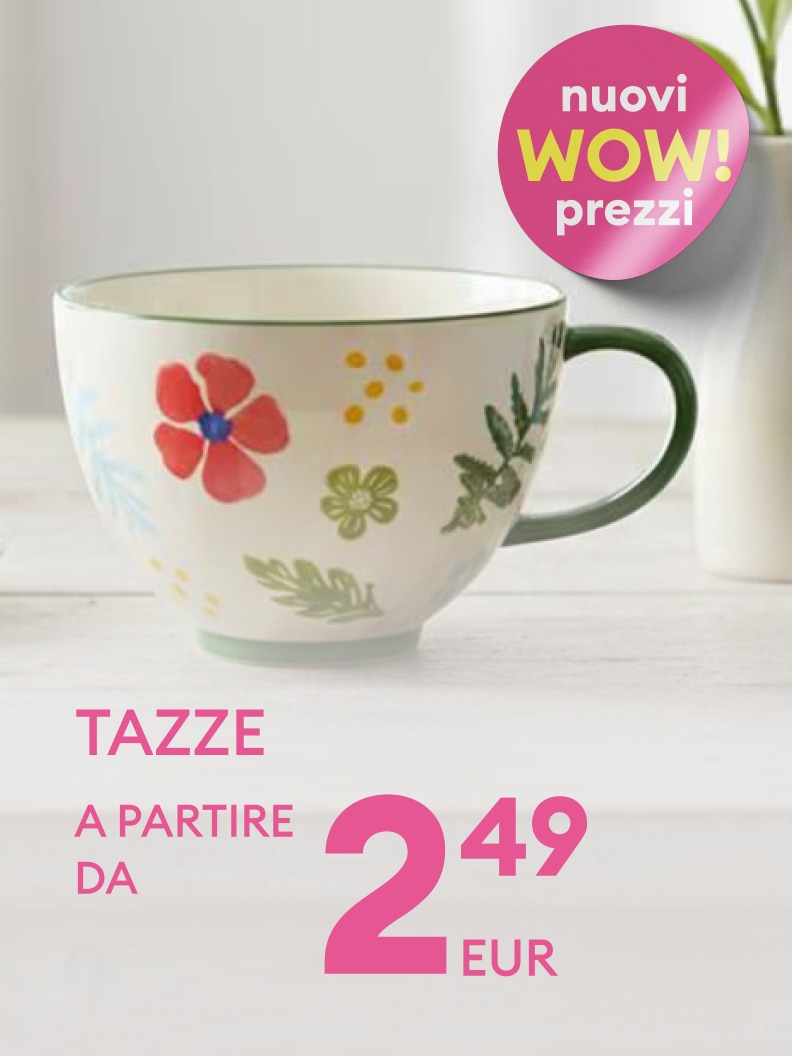 Promozione commerciale per tazze decorative, con offerta speciale e prezzo di partenza conveniente per l’acquisto.