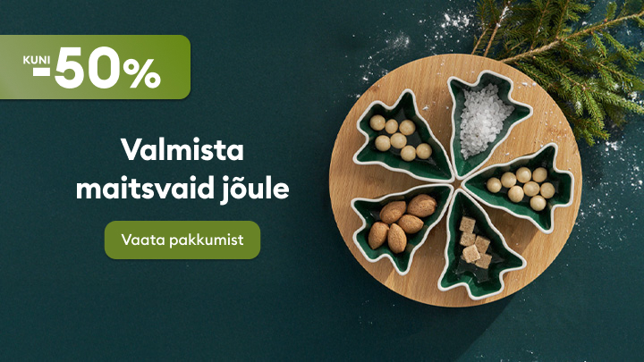 Sooduspakkumine kuni -50%. Valmista maitsvaid jõule, leides inspiratsiooni ja erilisi toidulisandeid. Pakkumine sisaldab jõuluteemalist serveerimisalust koos pähklite, soola ja suhkrutükkidega. Vaata pakkumist ja loo imeline jõulueelamus!