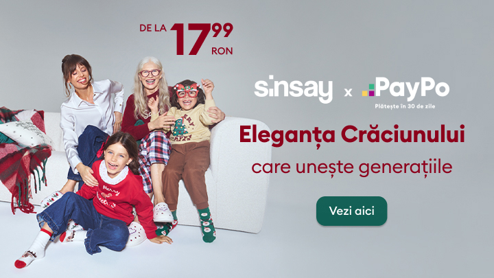 Reclamă Sinsay x PayPo care promovează colecția de Crăciun, evidențiind eleganța ce unește generațiile. Oferta începe de la 17,99 RON. Buton disponibil pentru a accesa detalii sau produsele colecției: „Vezi aici.” Plata posibilă în 30 de zile. banner