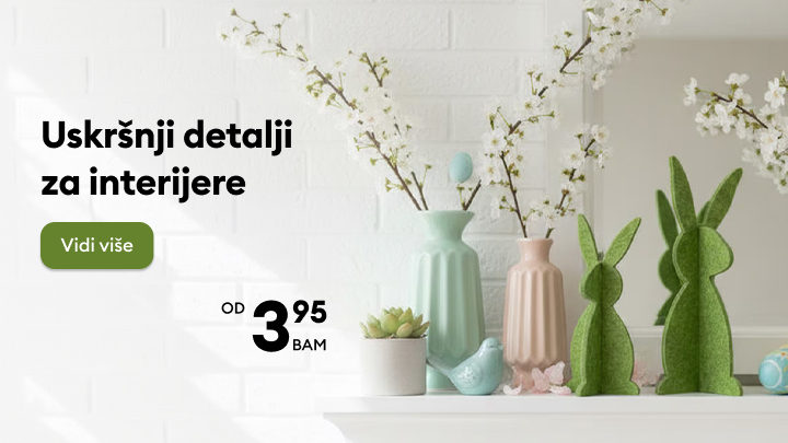 Promotivni baner koji promoviše uskršnje dekoracije za uređenje doma i podstiče korisnika da pregleda ponudu po pristupačnim cijenama.