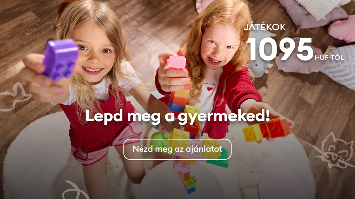 Gyermekjátékok promóciója szülőknek, ajándékötlet bemutatása, amely játékos élményt és örömet ígér a gyerekeknek.