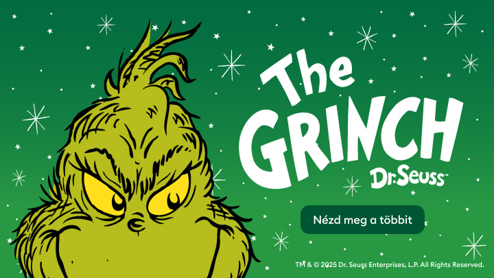 Dr. Seuss híres mesealakja, Grincs látható, aki a karácsony ellenségeként ismert, és gyakran próbál keresztbe tenni az ünnepi hangulatnak. A képen a „The Grinch” felirat és a „Nézd meg a többit” gomb is szerepel, utalva további információkra vagy tartalmakra. banner
