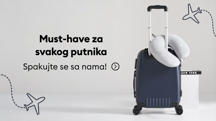 Promotivna poruka koja inspiriše putnike da pripreme neophodne putne potrepštine i spakuju se za putovanje uz ponudu trgovine.